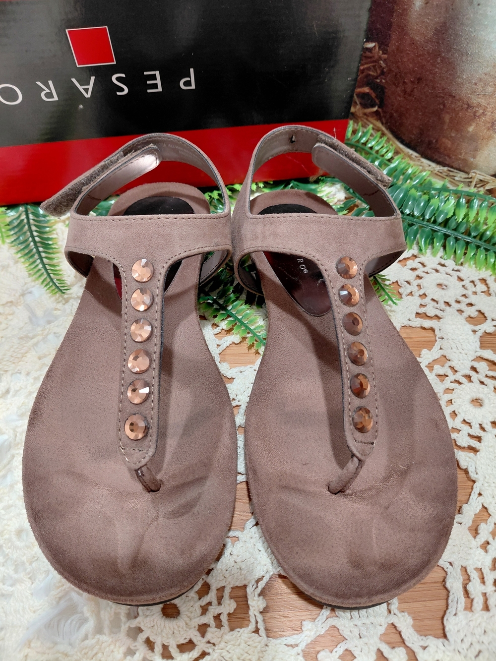Pesaro Brown Jeweled T-Strap Sandals